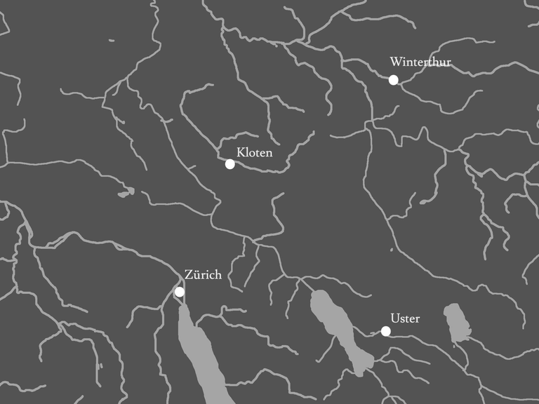 Regionalkarte für ein Romancebuch. Hintergrund dunkelgrau, Gewässer hellgrau mit wichtigen Orten beschriftet