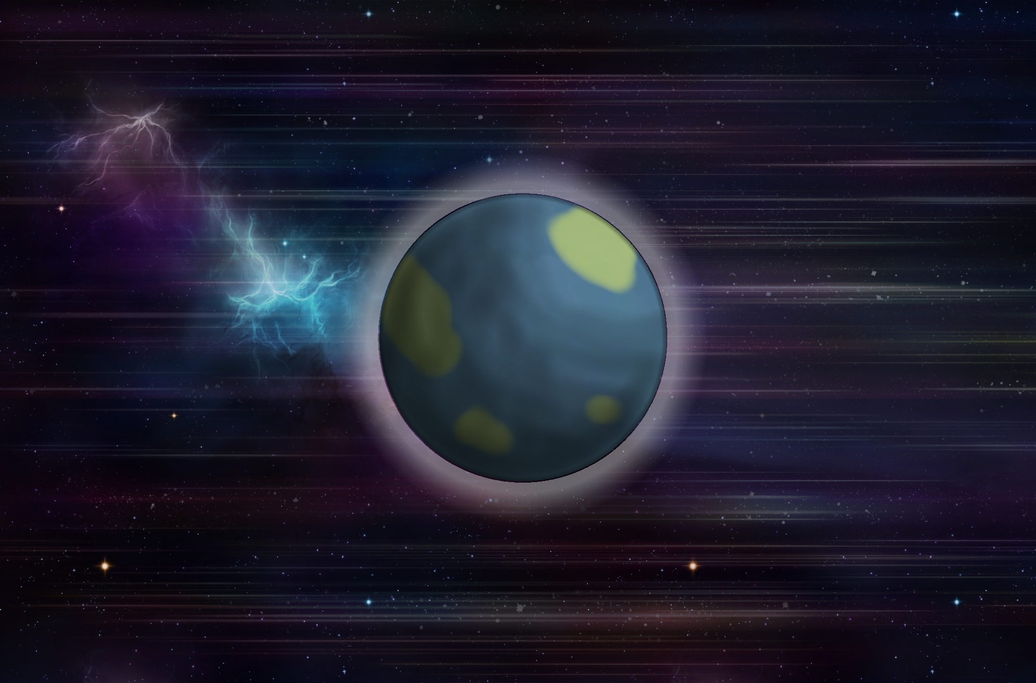 Welt mit Weltraum im Hintergrund, alles durchzogen mit Äther