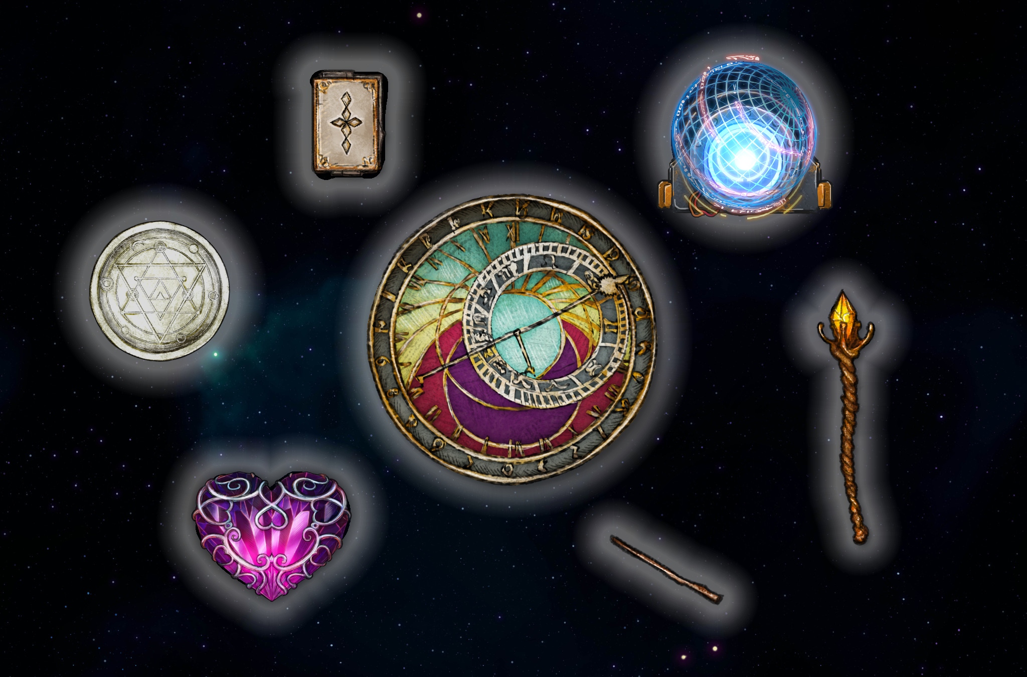 Amulett, Kristallherz, Zauberstab, Zauberstock, Zauberbuch und weitere magische Gegenstände